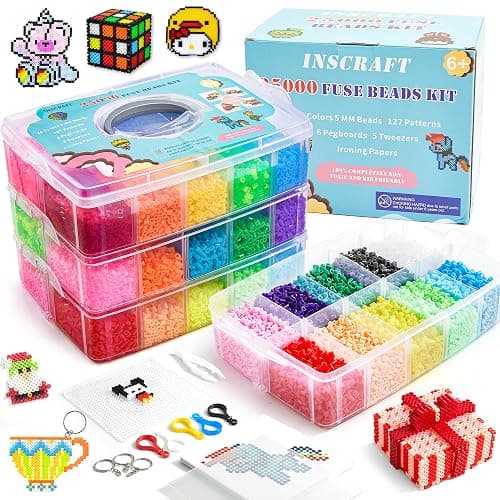 Fuse Beads Kit, INSCRAFT 25,000 pcs 26 Colours 5MM, Including 127 Patterns, 4 Big Square, 1 Heart Pegboards, 1 Flower Ironing Paper, Tweezers, Iron Beads for Craft Making - Image 1