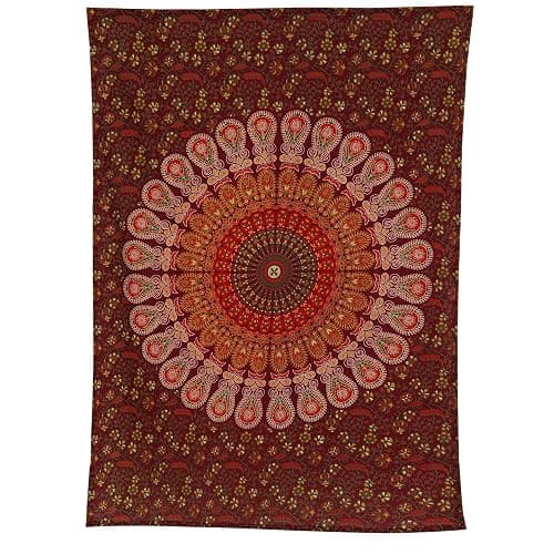 Bless International Handmade Indian hippie Bohemian Psychedelic Peacock Mandala Wall hanging College Dorm Beach Throws Table Cloth Bedding Tapestry (Maroon Yellow, Poster(30x40Inches)(76x101cms)) thumbnail 5