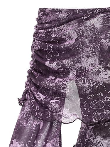 Verdusa Women's 70s Off The Shoulder Renaissance Tops Bell Flared Sleeve Floral Fairycore Mesh Crop Tops thumbnail 4