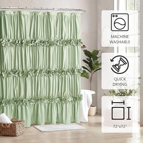 Homechoice Decor Sage Ruffle Shower Curtain, Vintage Handcrafted Bow Tie Bath Curtain for Master Bathroom, Ruched Microfiber Bathroom Curtain with 12 Buttonholes, 72" W x 72" H (LQ-10) thumbnail 5
