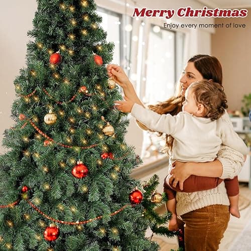 Okicoler 6.5ft Holiday Artificial Pre-lit Christmas Pine Tree with LED Warm Lights,Metal Hinges & Foldable Base,Easy Assembly for Home,Office, Green thumbnail 2