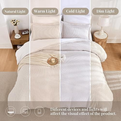 MILDLY Jacquard Stripe Duvet Cover - 100% Washed Cotton Light Khaki Boho Textured Comforter Cover 3pcs with Zipper Closure 90"x90" thumbnail 4