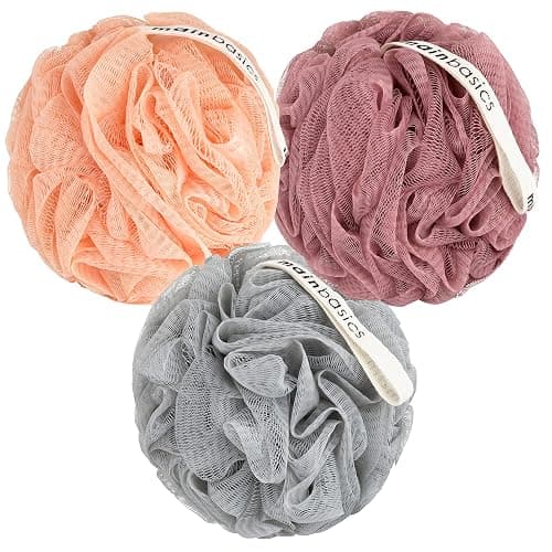 MainBasics Shower Loofah Sponge Pouf, Set of 3, Coral Reef | Soft Mesh Body Scrubber and Bath Sponge for Gentle Exfoliation, Rich Lather, and Everyday Shower Use - Image 1