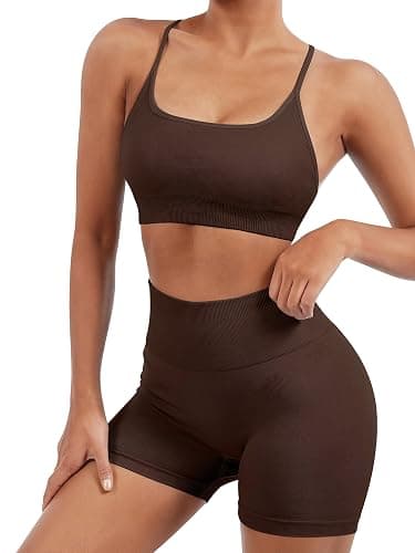 SUUKSESS Women Seamless Workout Sets Strappy Sports Bra High Waist Booty Shorts Outfits thumbnail 2