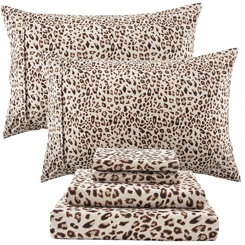 Drozeeo Queen Leopard Print Sheets, Cheetah Pattern Queen Size Sheet Set with Elastic Corner Straps, Soft Microfiber Animal Bedsheet, Brown - Image 1
