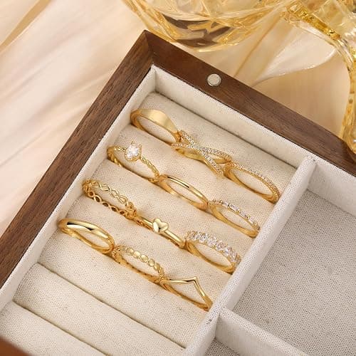 12 PCS Dainty 14K Gold Rings for Women, Eternity Open Chunky Twist Simulated Diamond Criss Cross Designs, Non Tarnish Gold Plated Stacking Thumb Ring, Perfect for Wedding Bands Size 5-11 thumbnail 3