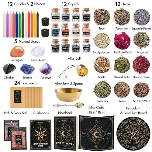 Wyspell Large Witchcraft Kit - 77 PCS - Altar Spell Set - Witchy Gifts | Wiccan Supplies: Spell Candles, Dried Herbs, Crystals, Stones, Altar Cloth, Pendulum, Bowl & Spoon, Parchment - Beginners Kit thumbnail 3