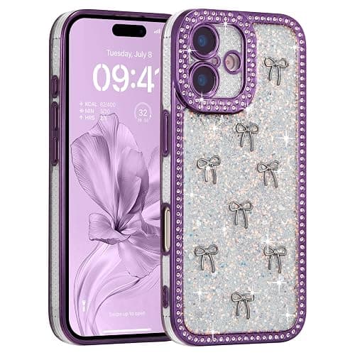FABSPARK Clear Case for iPhone 16 Plus,Glitter 3D Bow,Purple/Silver Bow | Bling Ribbon | Shiny Sparkly Crystal Diamond Rhinestone Sequin | Transparent for iPhone 16 Plus Case - Purple/Silver Bow - Image 1