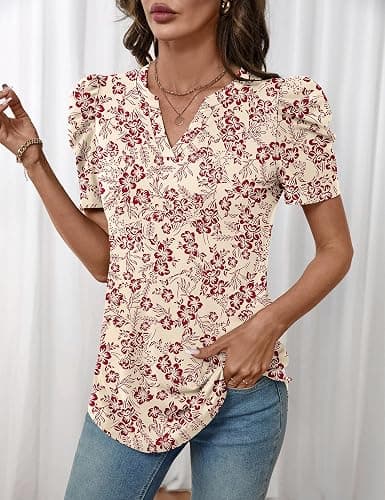 LOMON Spring Summer Tops for Women 2026 V Neck Puff Short Sleeve Tops Fashion Trendy Work Blouses Dressy Casual S-XXL thumbnail 4