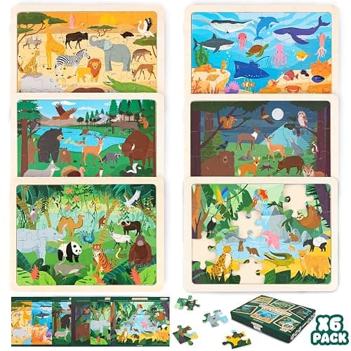BONNYCO Puzzle Bois Enfant 6 Ensembles 24 Pcs, Animaux de Différents Écosystèmes. Puzzle 3-8 Ans avec Plateau, Jouet Educatif. Cadeau Garcon et Fille, Anniversaire, Noël - Image 1