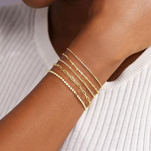 Gokeey Gold Bracelets for Women Trendy,14K Gold Plated Dainty Stackable Paperclip Cuban Link Chain Bracelets, Simple Cute Cuff Bracelets Jewelry Set Adjustable 7"+2" thumbnail 3