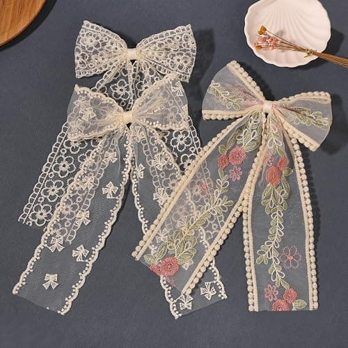 LFOUVRE Beige Lace Hair Bows with Embroidered Flowers - Bowknots, Barrettes, and Hair Clips with Long Tails for Women (3pcs) thumbnail 5