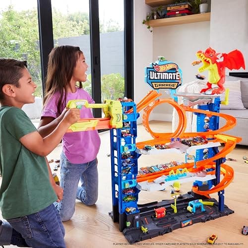 Hot Wheels City Ultimate Garage Track Set with 2 Die-Cast Toy Cars & Car-Eating Dragon, Stores 50+ Vehicles, 4 Levels thumbnail 2