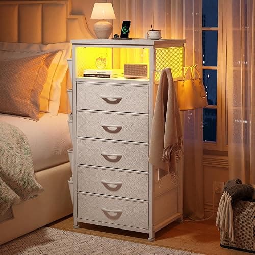 EnHomee Night Stand with 5 Drawers, Tall Nightstand with Charging Station and LED Light, Bedside Table with Extra Side Bag & Hooks, Bedroom, Closet, Hallway, Entryway, White thumbnail 5