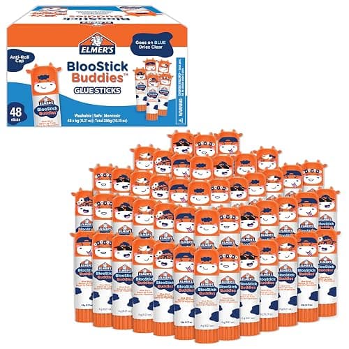 Elmer's BlooStick Buddies Glue Sticks, Disappearing Blue, Anti-Roll Cap Design, Unique Characters, 6 Grams, 48 Count - Classroom Supplies, #1 Teacher Brand - Image 1