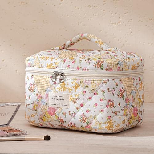 HBselect 3 PCS Quilted Makeup Bag, Cotton Large Travel Makeup Bag, Cute Floral Coquette Make up Bag Cosmetic Bag Toiletry Bag for Women Girls thumbnail 6