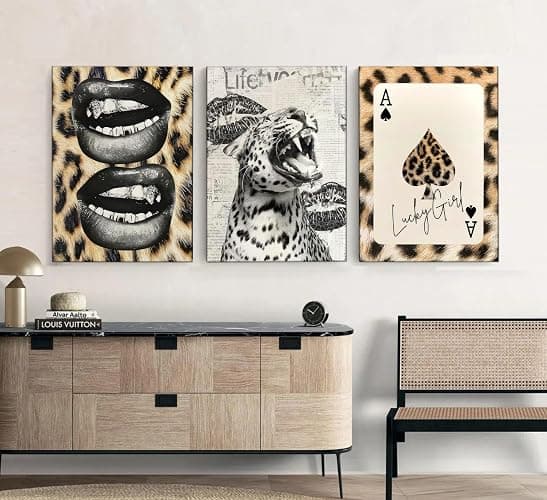 3Pcs Trendy Cheetah Roaring Canvas Wall Art Leopard Lucky Girl Poker Lips Painting Picture Wall Decor Funky Preppy Poster Print Artwork for Bedroom Girly Room Living Room Apartment Home Decoration thumbnail 4