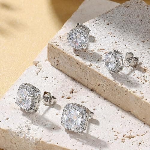 Hayoso 18K Gold Plated Halo Stud Earrings 925 Sterling Silver Cubic Zirconia Stud Earrings Round Square Diamonique Stud Earrings Set for Women Men thumbnail 6