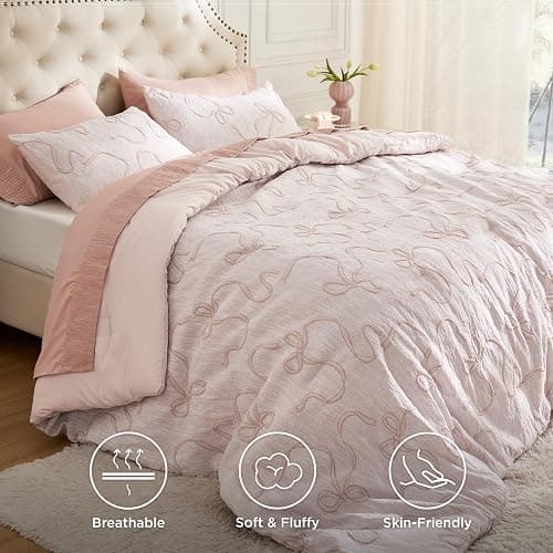 Bedsure Pink Comforter Set Queen, GentleSoft™ 3 Pieces Breathable Bow Comforter Set Women Girls with 2 Pillow Shams, Cute Queen Bedding Sets Pink Room Decor Aesthetic Bedroom Decor, 90x90 Inches thumbnail 2