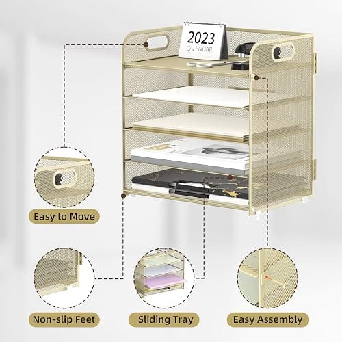Supeasy 5 Trays Paper Organizer Letter Tray with Handle-Mesh Desk File Organizer,Pink Paper Sorter Desk Organizer for Office, Home or School (Gold Yellow) thumbnail 4