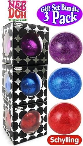 Nee-Doh Schylling Stardust Shimmer Groovy Glob! Squishy, Squeezy, Stretchy Stress Balls Blue, Red & Purple Complete Gift Set Party Bundle - 3 Pack thumbnail 3