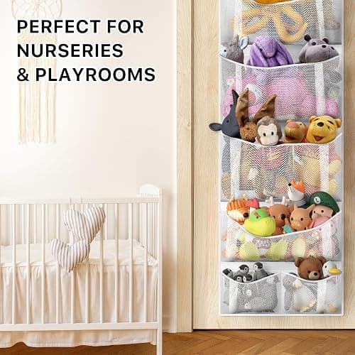 Simple Houseware Over the Door Stuffed Animal Storage Organizer, Hanging Toy Holder with 6 Mesh Pockets for Kids Room, White thumbnail 6