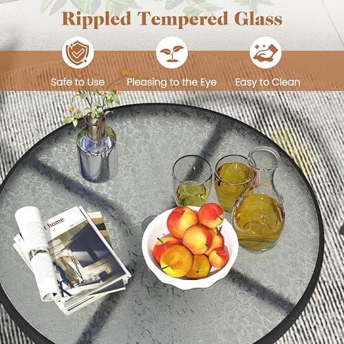Goplus Patio Bistro Set, 3-Piece Patio Dining Furniture Set with Round Tempered Glass Table, 2 Foldable Chairs, Small Outdoor Folding Chairs & Table Set for Porch Garden Pool Yard thumbnail 4