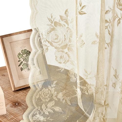 SEEKRIGHT Beige Lace Curtains 84 Inches Long Victorian Floral Sheer Curtains for Living Room Bedroom Decor Drapes Rod Pocket Light Filtering French Window Curtains 2 Panels Set for Dining Room, 52x84 thumbnail 5
