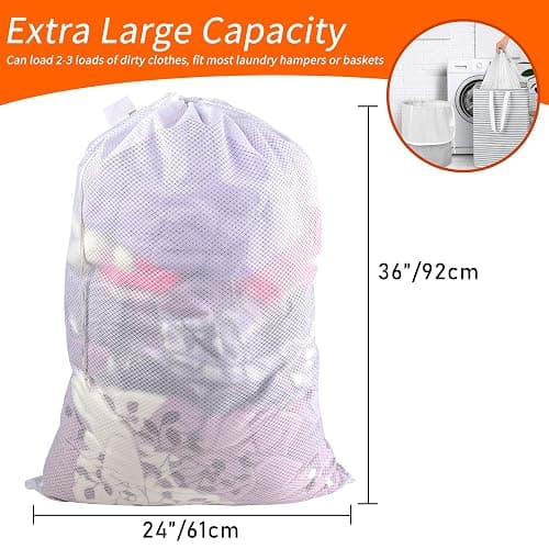 Polecasa Extra Heavy Duty Large Diamond Mesh Laundry Bags with Drawstring Closure & ID Tag, 24 x 36 inches Washable Storage Bag for College, Travel, Sports, Dorms, White thumbnail 2