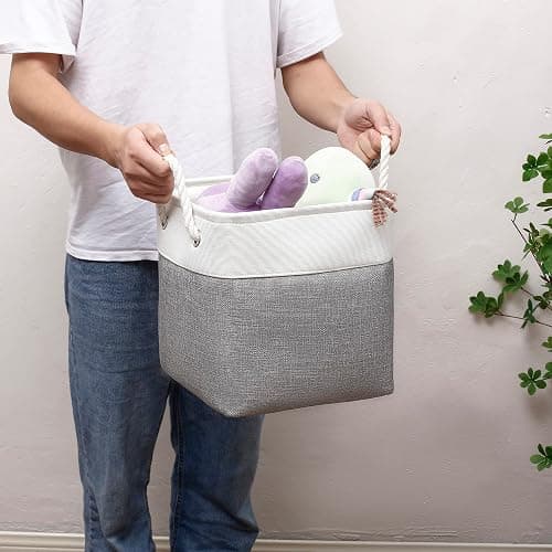 MidmmVick 11 x 11 Inch Cube Storage Bins, 6 Pack Large Collapsible Fabric Storage Bin with Ropes, Foldable Storage Cubes for Home, Office,Closet, Clothes, Toys Organizer (White & Grey-11"x11"x11") thumbnail 6