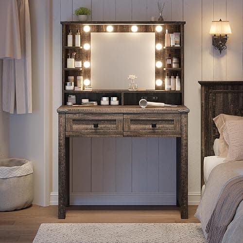 EnHomee Small Vanity Desk with Mirror and Lights, Makeup Vanity with Storage Drawer, Wooden Vanity Desk with Charging Staion for Women's Bedroom, Small Space, Dark Oak thumbnail 7