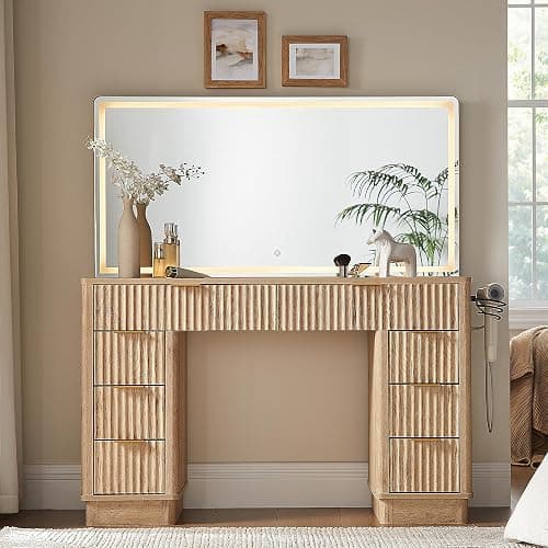 T4TREAM 48" Fluted Makeup Vanity Desk with Large Led Lighted Mirror, Modern Vanity Table with 8 Drawers & Charging Station, Glass Top Dressing Table for Bedroom, Natural Oak thumbnail 8