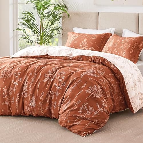 Love's cabin Terracotta Comforter Set Queen - Queen Size Comforter Set, 3 Pieces Cute Floral Bedding Sets for All Seasons,1 Soft Reversible Botanical Flowers Comforter and 2 Pillow Shams thumbnail 2