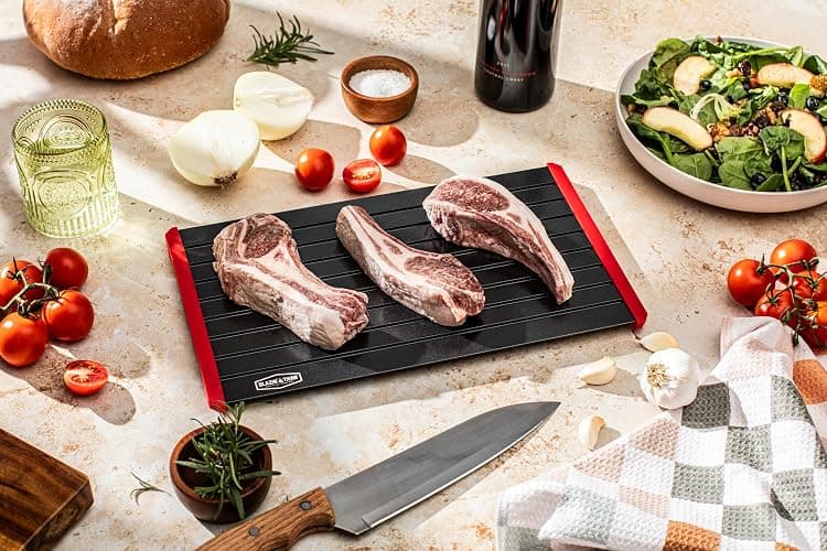 BLAZIN' THAW Defrosting Tray for Frozen Meat | 14” Large-Size | Aluminium Plate for Thawing Frozen Food | Natural Thawing Process | No Microwaves, No Cold/Warm Water Required | thumbnail 2