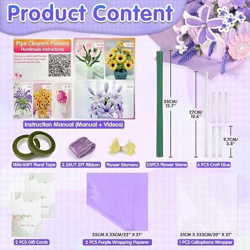 LINAYE 500 PCS Pipe Cleaners Craft, 6 Colors Pipe Cleaners Flowers Kit, Chenille Stems for Crafts with Instruction Wrapping Paper, Flower Stamens, Stems Art and Craft Supplies Purple thumbnail 3