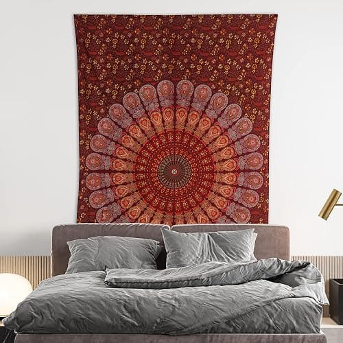 Bless International Handmade Indian hippie Bohemian Psychedelic Peacock Mandala Wall hanging College Dorm Beach Throws Table Cloth Bedding Tapestry (Maroon Yellow, Medium(54x60Inches)(137x152cms)) thumbnail 2