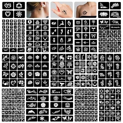 16 Sheets Henna Tattoo Stencils Reusable for Women Girls and Kids, 280+ PCS Tattoos Templates, Airbrush Tattoo Stencil - Image 1