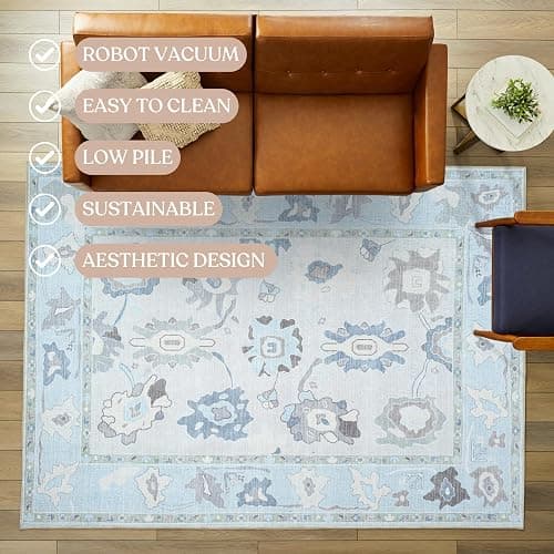 Fame Living Cream Blue Oushak Rug, Modern, Vintage, Turkish, Eclectic, Floral, Pastel, Washable, Area Rugs for Living Room, Dining, Bedroom, Office, Entryway, Foyer, Playroom, Nursery, 5'x6'9" thumbnail 3