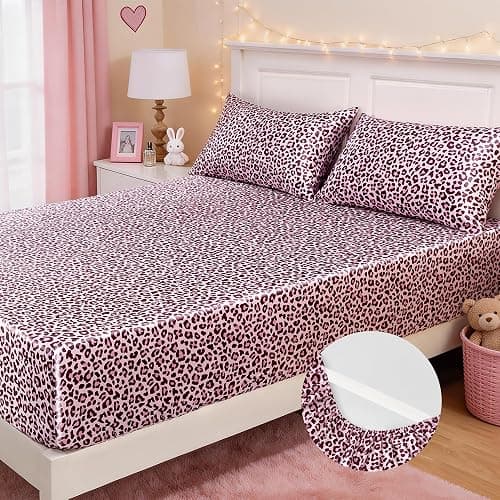 MR&HM Satin Fitted Sheet King Size, Silky Bottom Sheet with Elastic Corner Straps, Deep Pocket up to 15 Inch, No More Slipping Off for Mattress - 1 Fitted Sheet Only (Pink Leopard) - Image 1