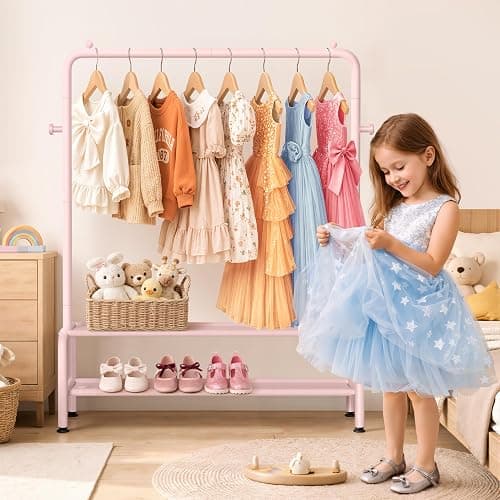 mirolam Kids Clothing Rack - Dress Up Storage - Dress Up Rack for Little Girls - Small Kids Costume Wardrobe with 2 Fabric Shelves - Princess Room Bedroom Decor thumbnail 2