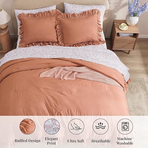 BLOOMHAVEN Queen Comforter Set - 7 Pieces Ruffle Autumn Leaf Bedding Sets, Shabby Chic Farmhouse Bed in a Bag Queen with Ruffle Comforter, Floral Sheets, Pillowcases & Shams thumbnail 7