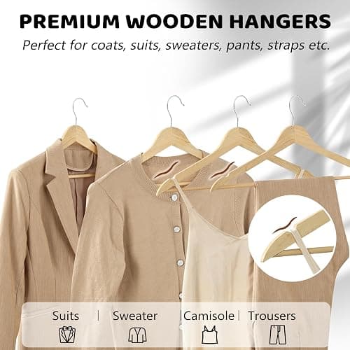 Edergoo Wooden Hangers 20 Pack, Durable Wood Hangers with 360° Swivel Hook & Notches, Slim Coat Hanger Wooden for Closet, Natural thumbnail 8