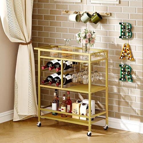 MAHANCRIS Bar Cart for Home, 3-Tier Serving Cart with Wheels and Handle, Beverage Cart with Wine Rack and Glass Holders, Rolling Wine Cart for Kitchen, Dining Room, Gold RCJ61B01 thumbnail 5