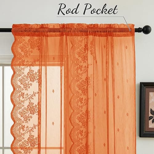 KYMRose Orange Sheer Lace Curtains 84 Inches Long, 2 Panels Country Rustic Flower Curtains for Living Room, Rod Pocket Privacy Scalloped Sheer Lace Panels, Orange 52 x 84 Inch thumbnail 3