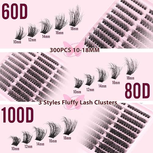 Fluffy Lash Extension Kit 60D+80D+100D Lash Clusters Thick Eyelash Extension Kit 10-18mm Individual Lashes Kit 300PCS Eyelashes Extension with Bond and Seal and Lash Extension Tweezers by TNFVLONEINS thumbnail 6