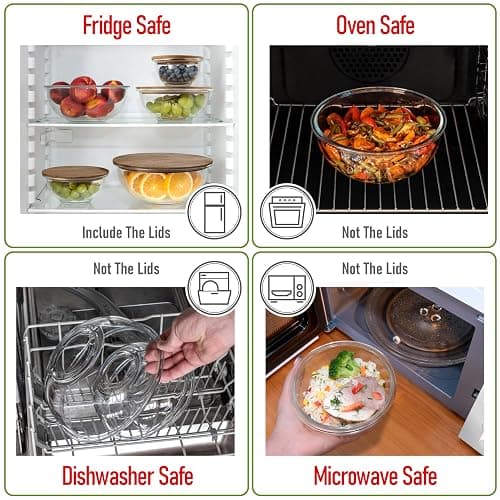 dokaworld Set of 5 Nesting Glass Bowls with New Updated Acacia Lids for Foodprep, Storage, Mixing & Cooking - Microwave & Oven-ready BPA Free Durable Heat Resistant Inert Borosilicate Glass thumbnail 6