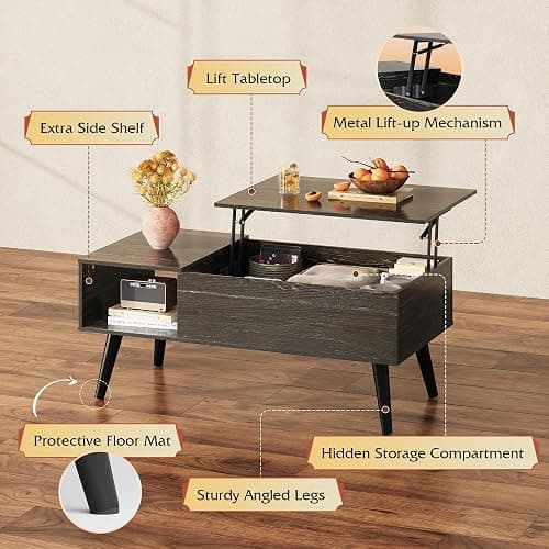 WLIVE Coffee Table for Living Room, Lift Top Coffee Table with Storage, Small Rising Wooden Dining Center Table with Storage Shelf & Hidden Compartment, 39" Black Oak thumbnail 6