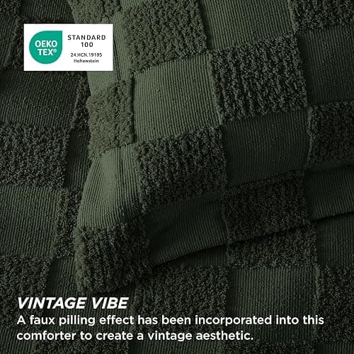 Bedsure King Size Comforter Set Dark Olive Green, Boho Tufted Bed Set, Checkered Farmhouse Shabby Chic Bedding, 3 Pieces, 1 Plaid Geometric Comforter and 2 Pillow Shams thumbnail 5