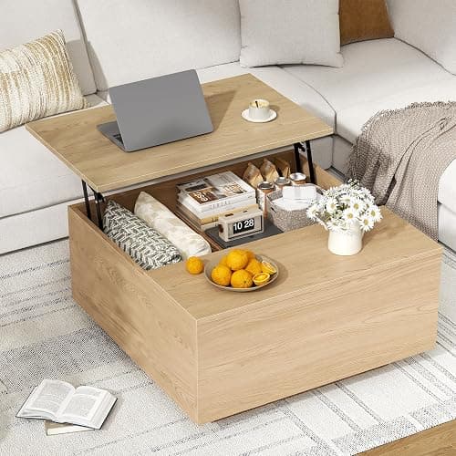 FABATO Lift Top Coffee Table, Wood Square Coffee Table with Storage, Farmhouse Coffee Tables with Hidden Storage Compartment, Center Table with Lifting Tabletop for Living Room, Home Office, Natural thumbnail 3