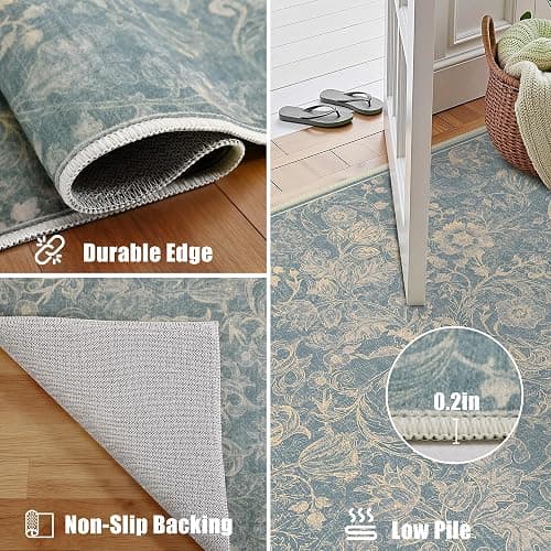 Deerly Large Rug 8x10 for Bedroom Washable Floral Farmhouse, Dusty Blue | Vintage Tranditional Rug, Non Slip, Low Pile, Thin Floor Decor Soft Decorative Rug for Home Office, Living Room, Dining Room thumbnail 6